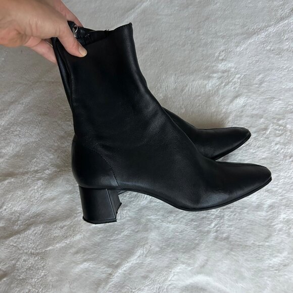 ZARA Black genuine Leather Block Heeled Soft Ankle Boots stretch US 7.5 EUR 38 - Picture 9 of 11